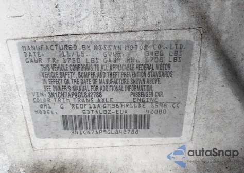 2016 Nissan Versa 1.6 S/1.6 S+/1.6 Sl/1.6 Sv z USA, uszkodzony, nr VIN 3N1CN7AP9GL842788